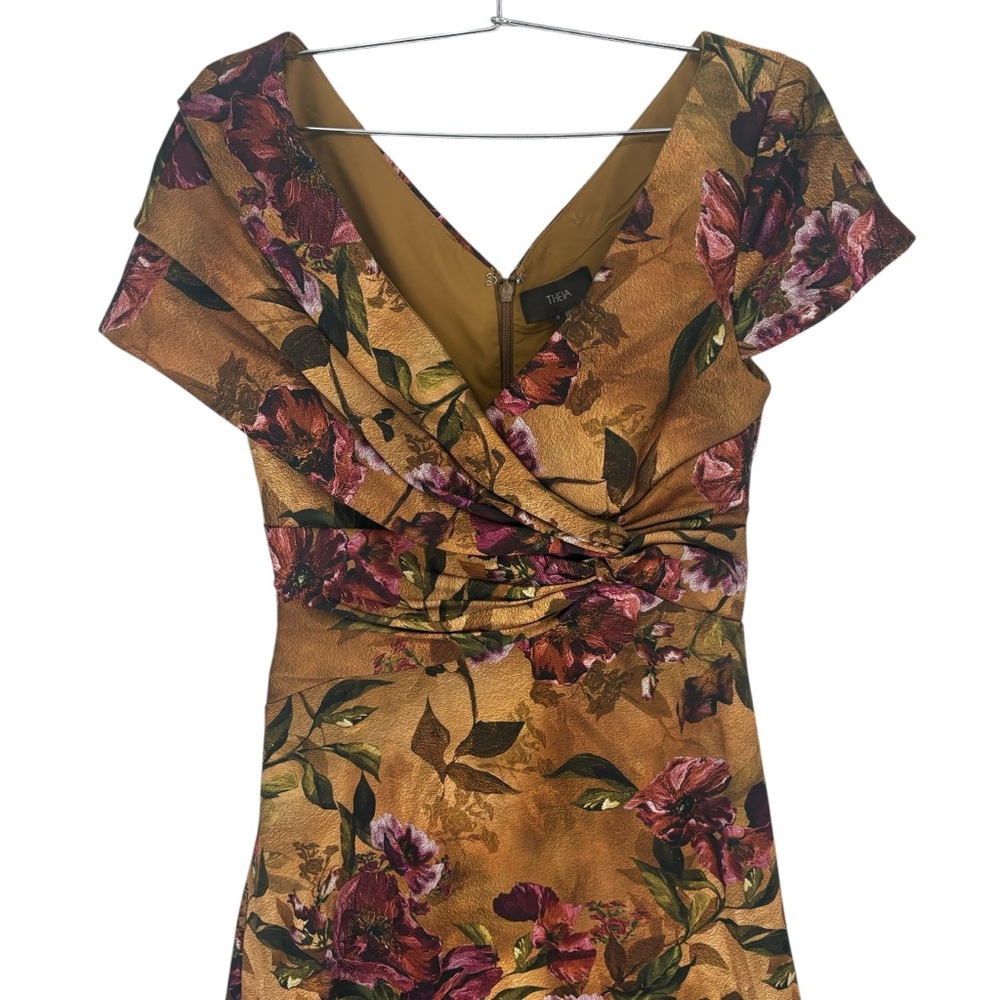 NWOT THEIA Nina Twist Drape A Line Gown in Gilded Poppies - Picture 6 of 14